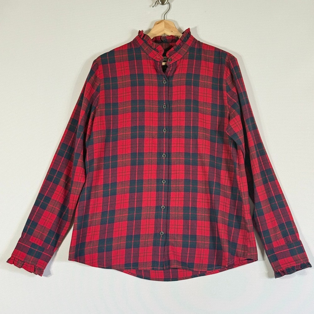 Lands End Medium Red Plaid Shirt Womens Ruffle Collar Long Sleeve Cottage‎ Cabin